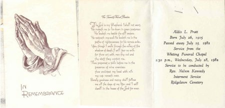 Aldis Pratt funeral card