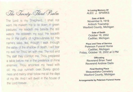 Alec Sparks funeral card