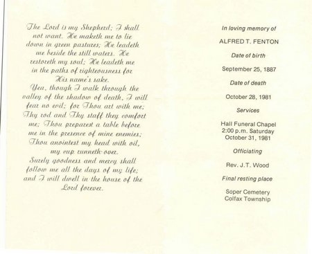 Alfred fenton funeral card