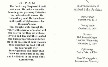 Alfred John Jenkins funeral card